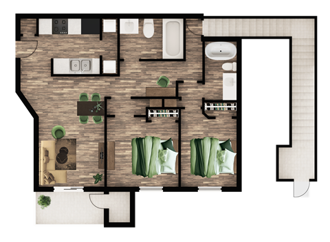 A floor plan of a house with a kitchen, living room, and bathrooms.